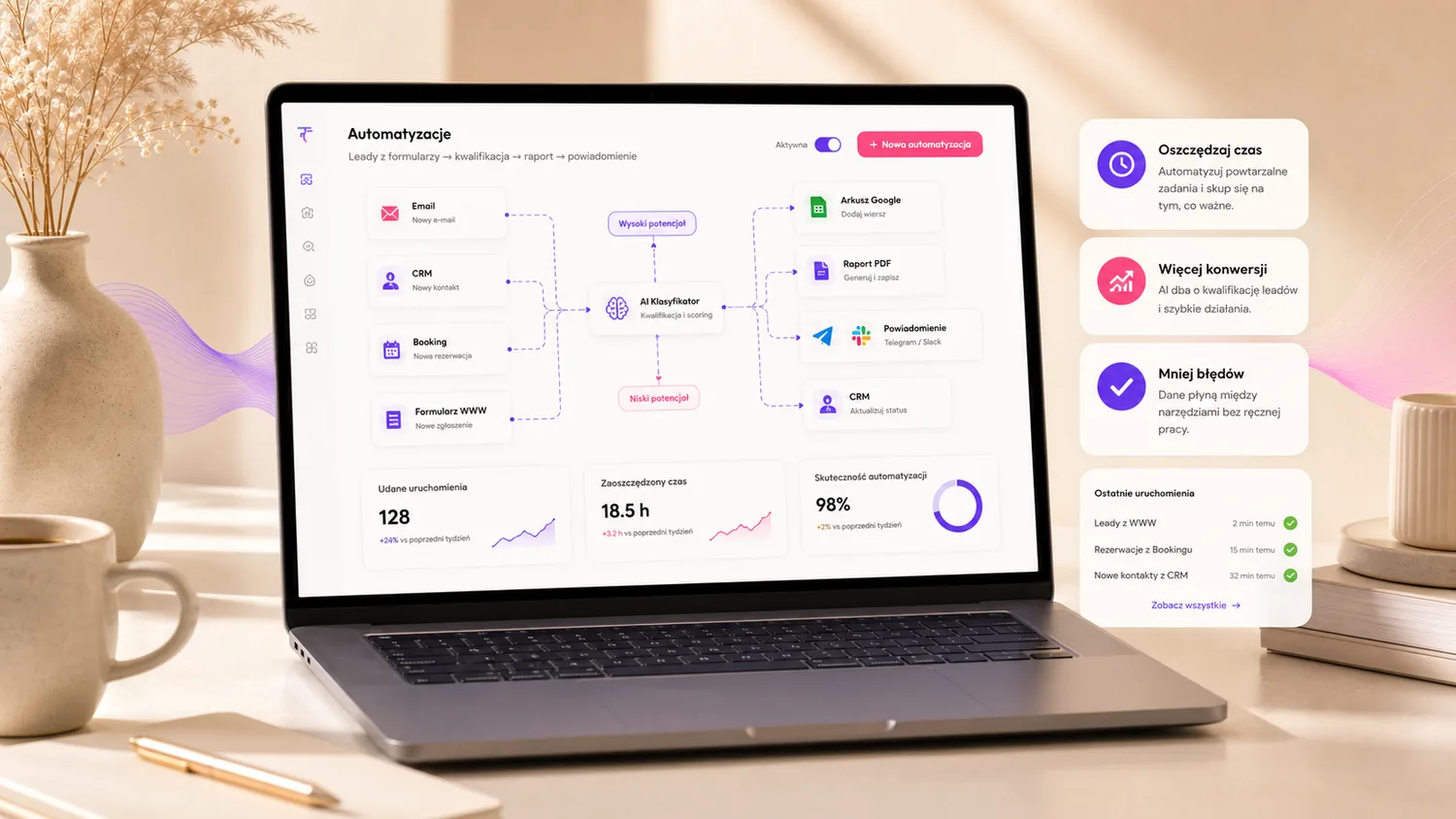Przykladowy workflow automatyzacji AI laczacy kilka systemow.