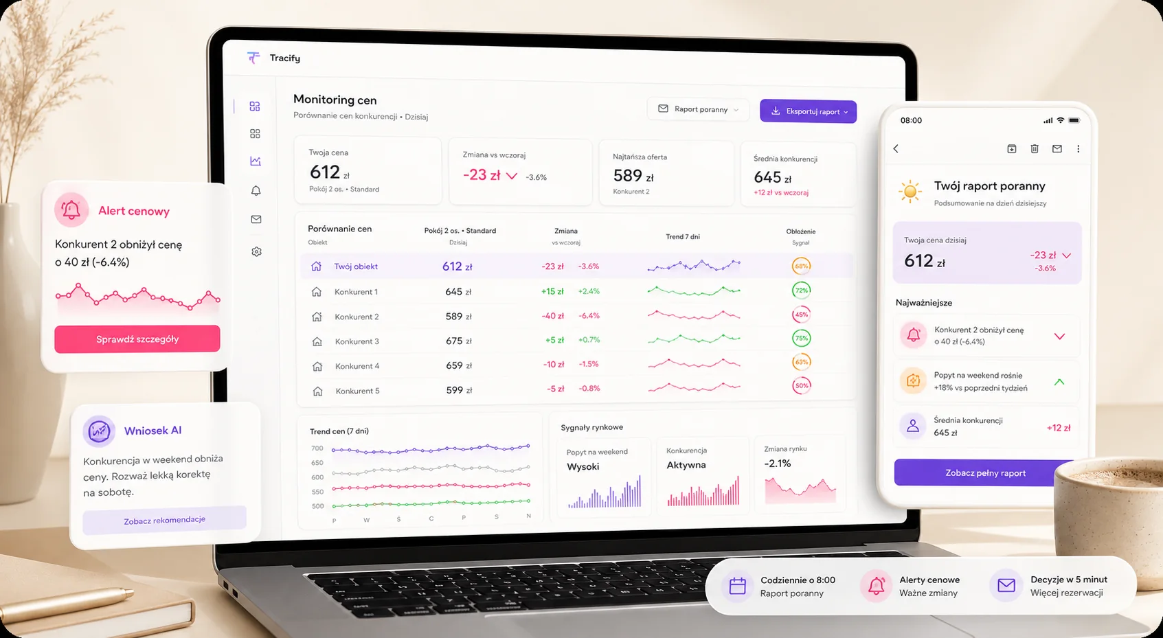 Przykladowy dashboard monitoringu cen hoteli.