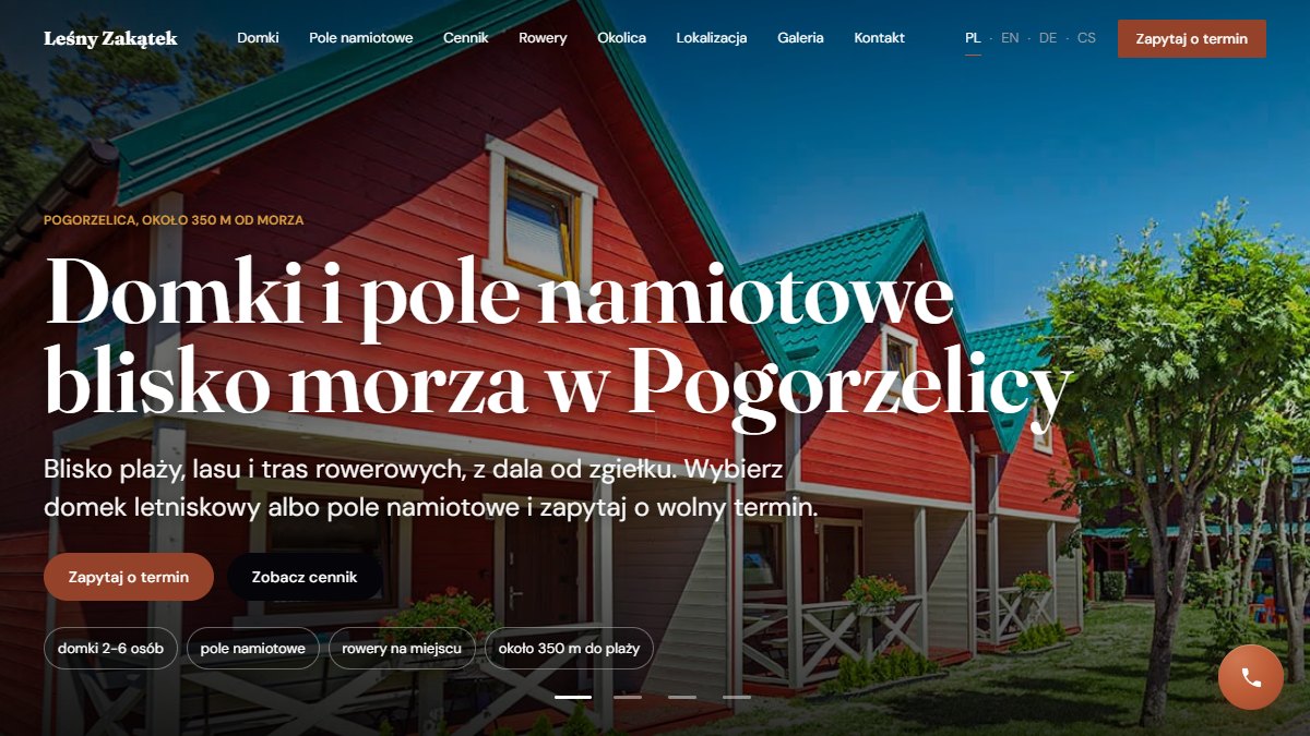 Podgląd strony lesny-zakatek.com — domki i pole namiotowe blisko morza w Pogorzelicy.