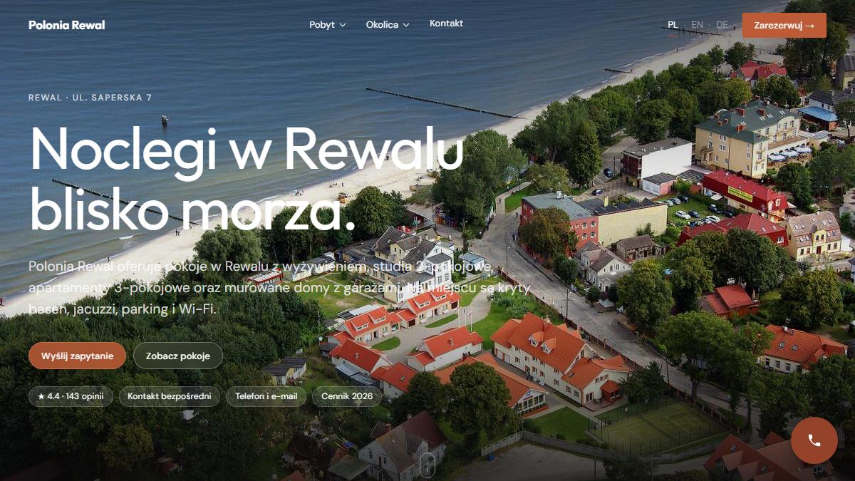 Podgląd strony polonia-rewal.pl — noclegi w Rewalu blisko morza z rezerwacją bezpośrednią.