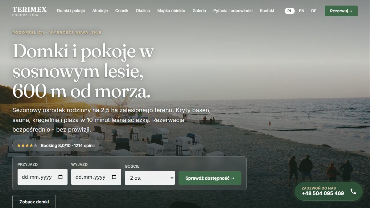 Podgląd strony osrodek-terimex.pl — ośrodek rodzinny w Pogorzelicy z domkami i pokojami blisko morza.